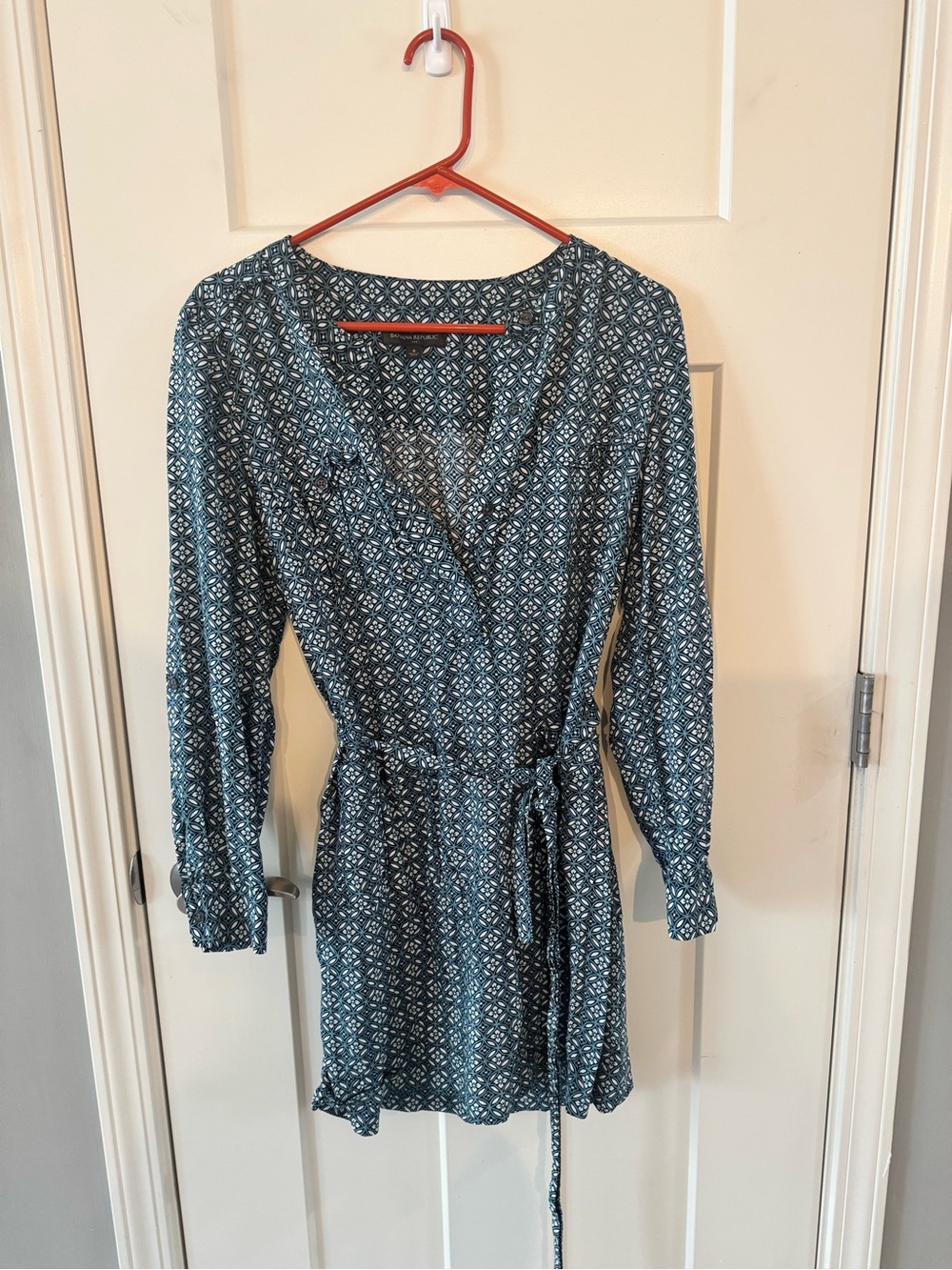 Banana Republic Teal Geometric Long Sleeve Wrap Dress